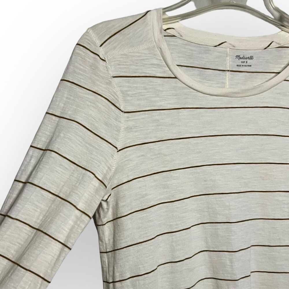 Madewell Cream & Brown Striped Long Sleeve Crew Neck T-Shirt w/Side Vents Sz S - Picture 5 of 11